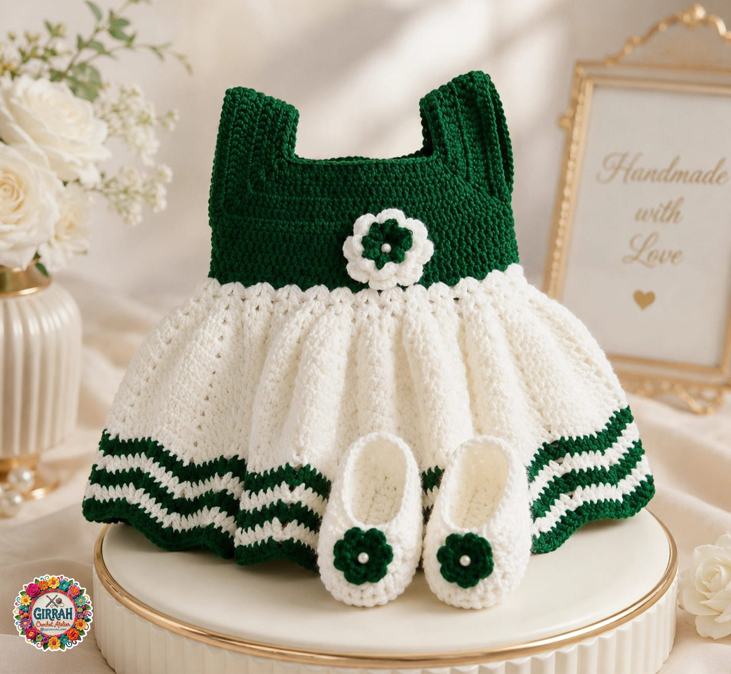 Festive Green Ivory Baby Frock & Booties Set