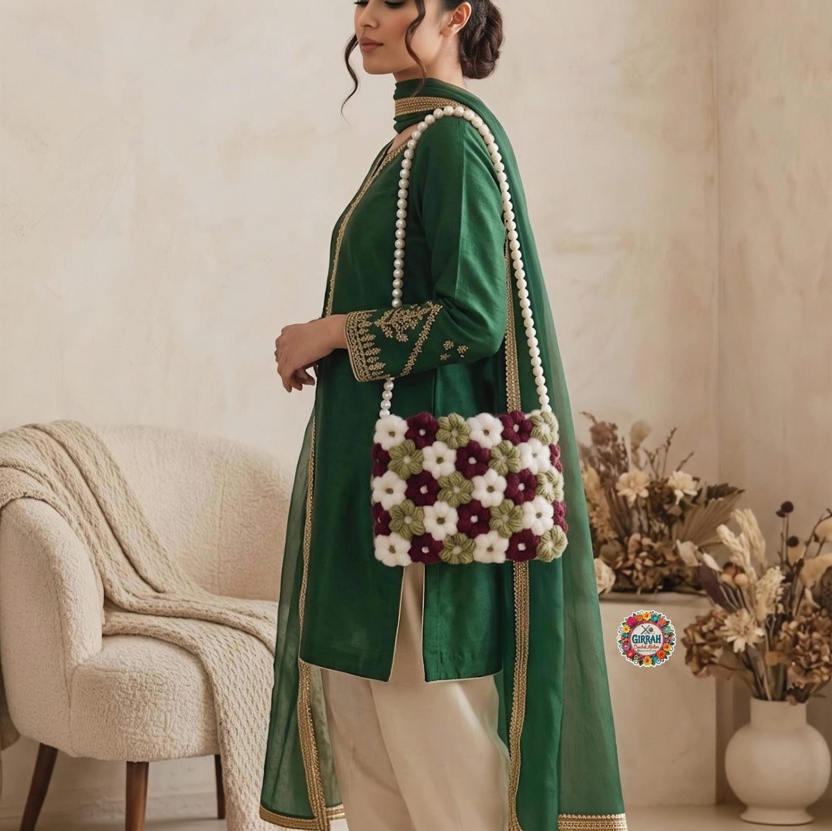 Festive Floral Pearl Crochet Bag