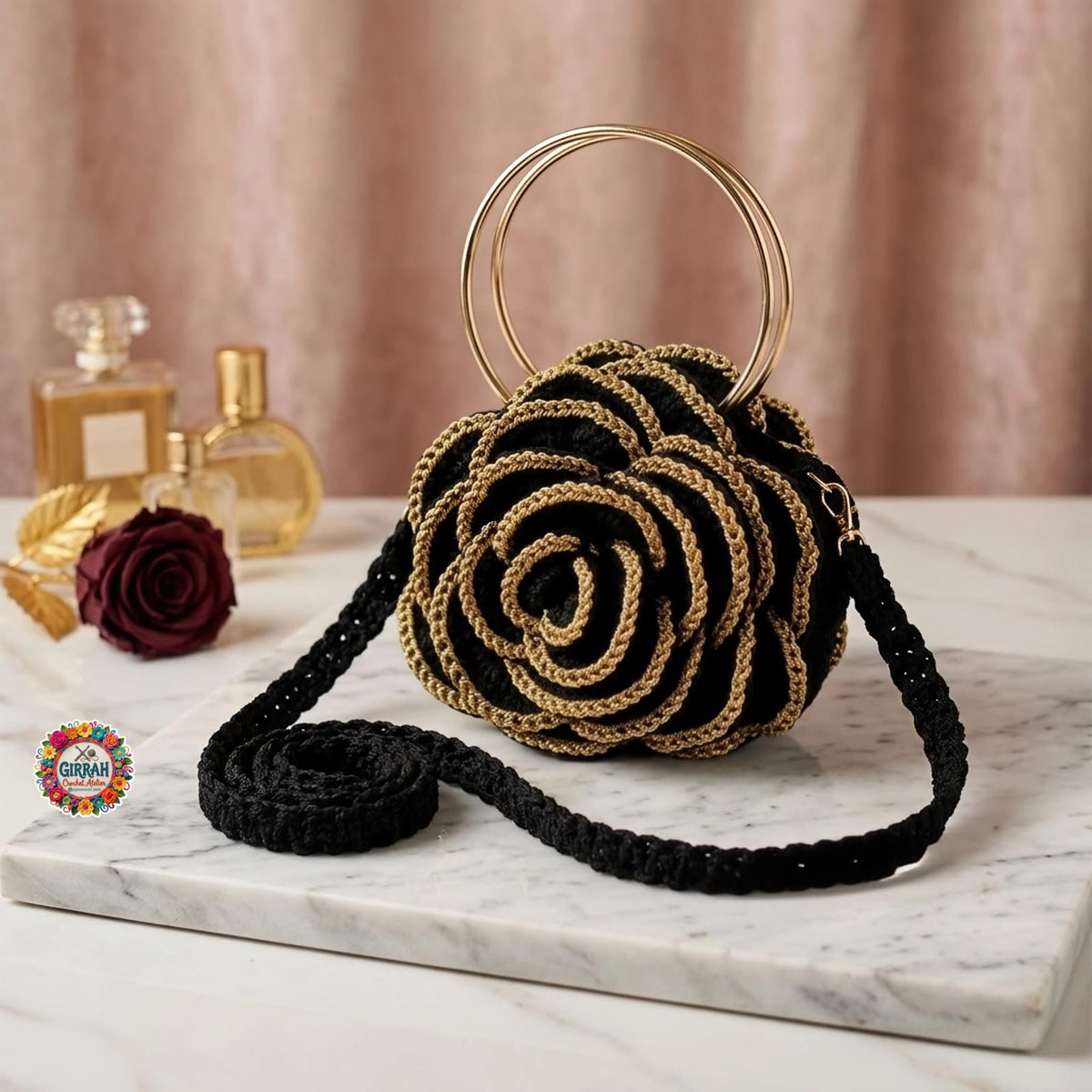 Luxury Gold Rosette Crochet Clutch Bag