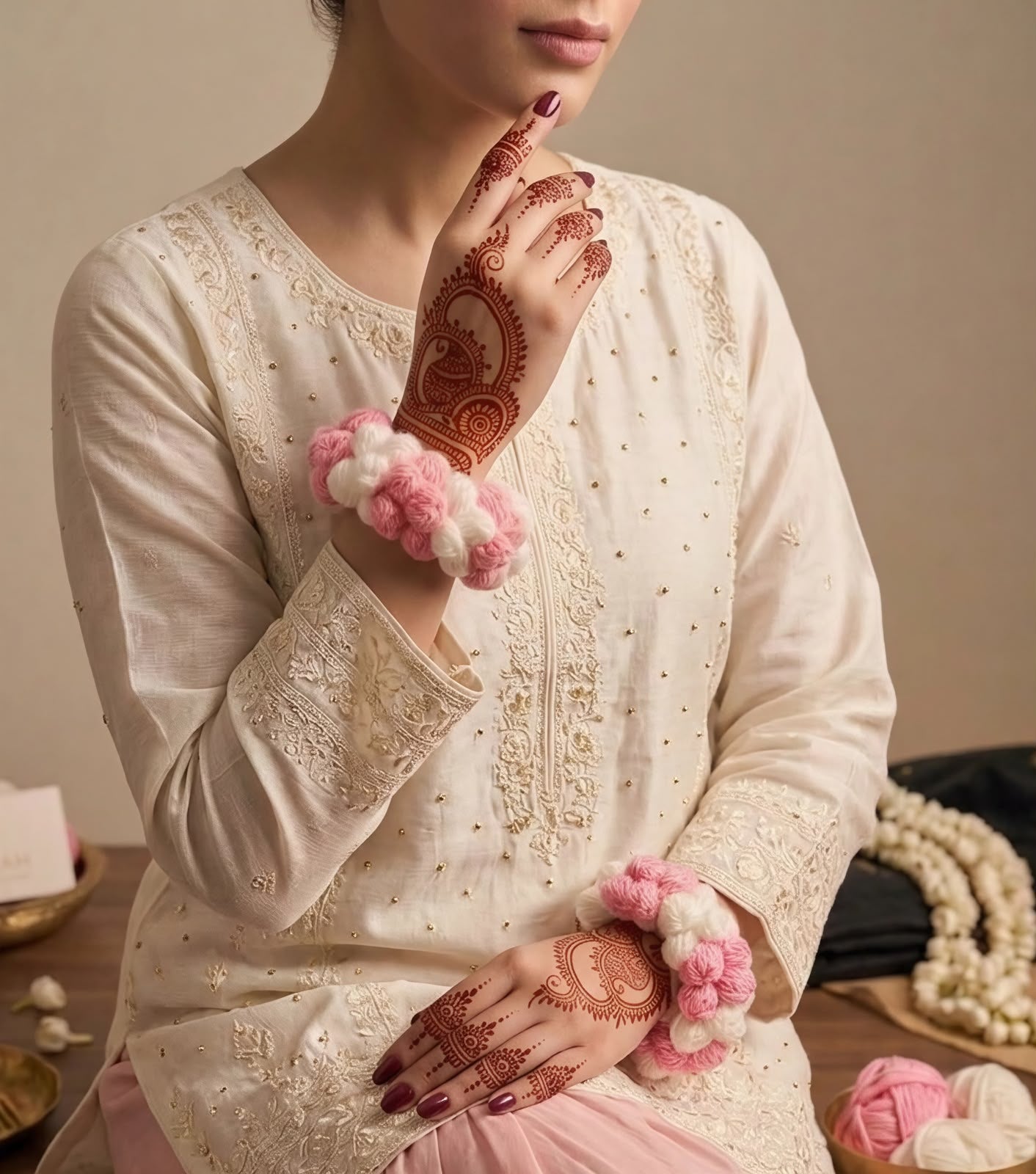 Blush Pink and Ivory White Pom-Pom Wrist Gajra🌸🎀🌸