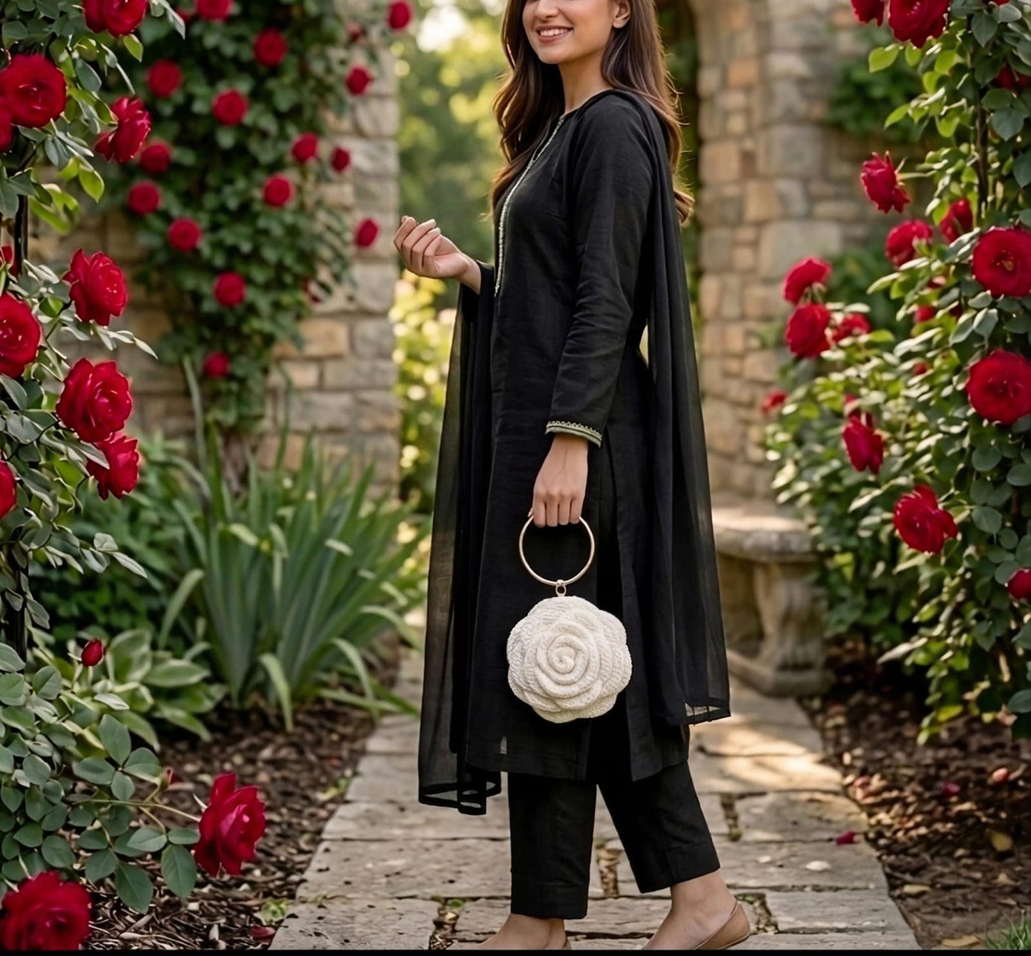 CROCHET CHARM IVORY BLOOM ROSE CLUTCH