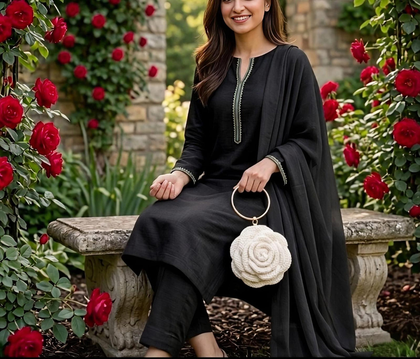 CROCHET CHARM IVORY BLOOM ROSE CLUTCH