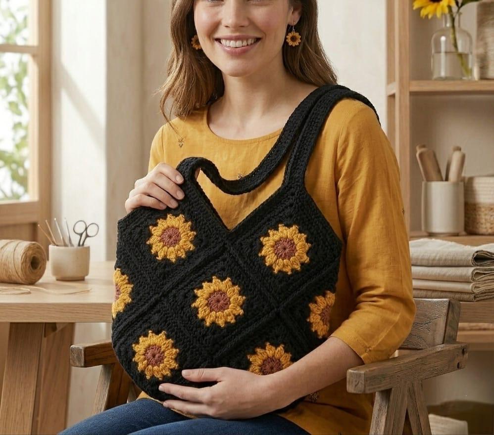 MIDNIGHT SUNFLOWER GRANNY TOTE
