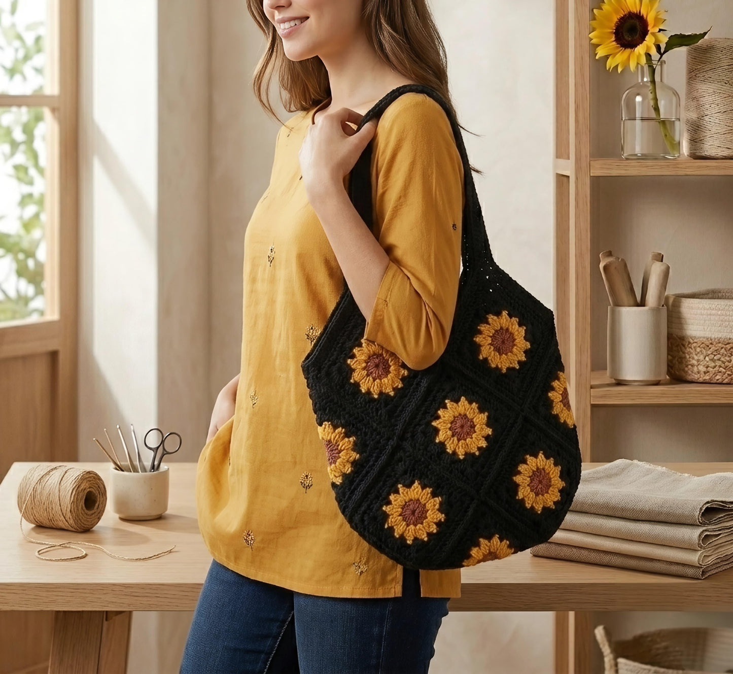 MIDNIGHT SUNFLOWER GRANNY TOTE