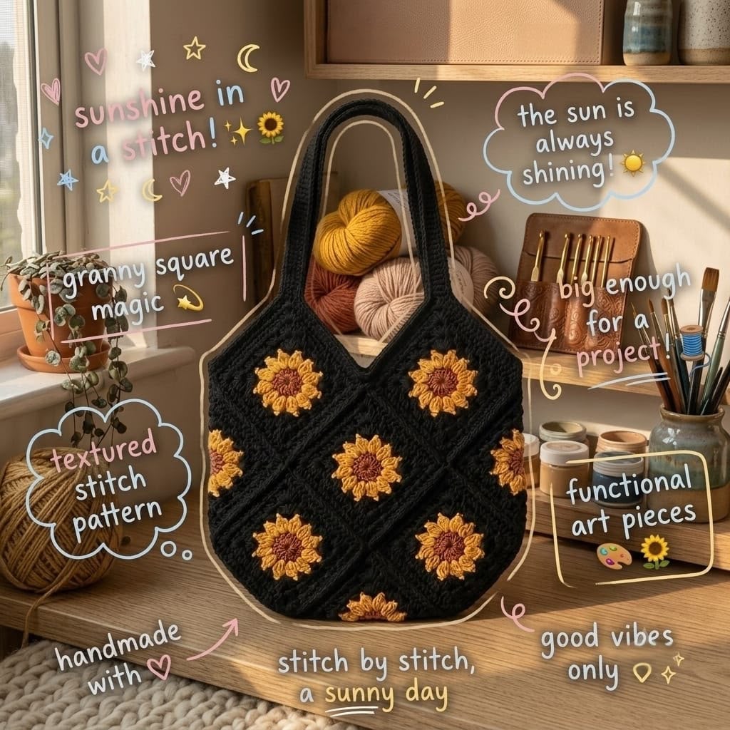 MIDNIGHT SUNFLOWER GRANNY TOTE