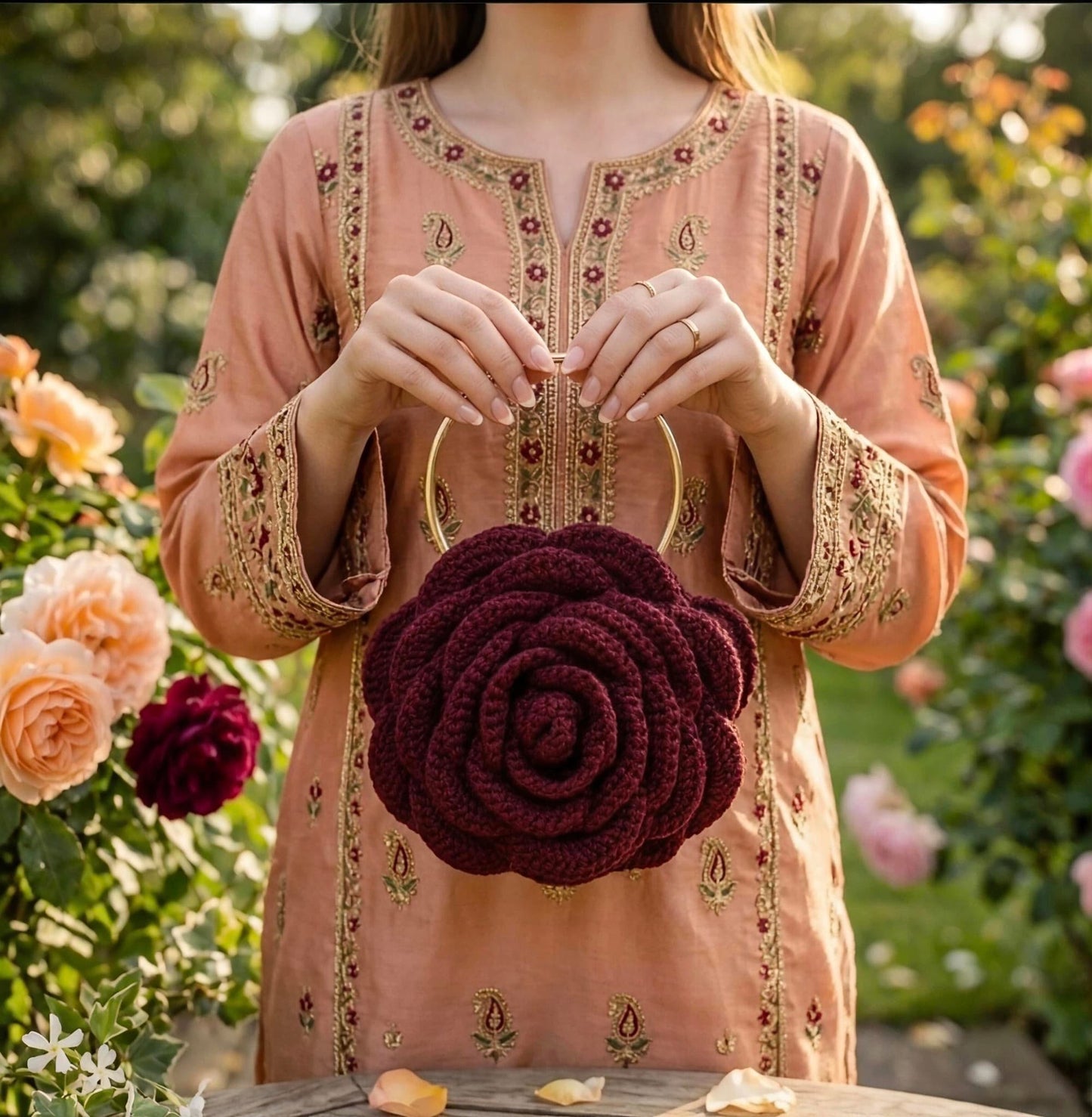 3D FLORAL CROCHET ROSE CLUTCH/ RUSTIC WEDDING EVENING HANDBAG