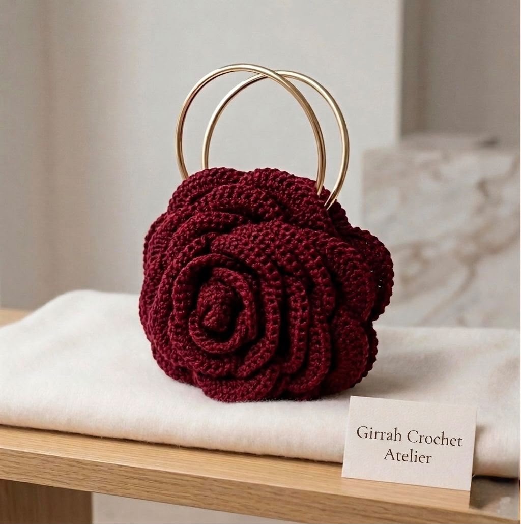 3D FLORAL CROCHET ROSE CLUTCH/ RUSTIC WEDDING EVENING HANDBAG