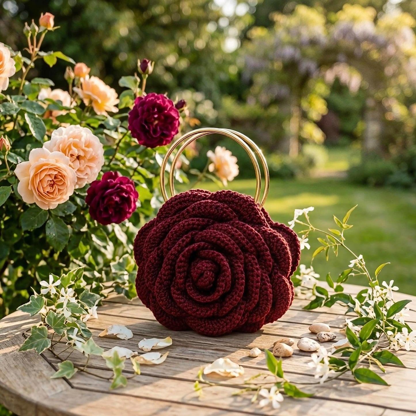 3D FLORAL CROCHET ROSE CLUTCH/ RUSTIC WEDDING EVENING HANDBAG