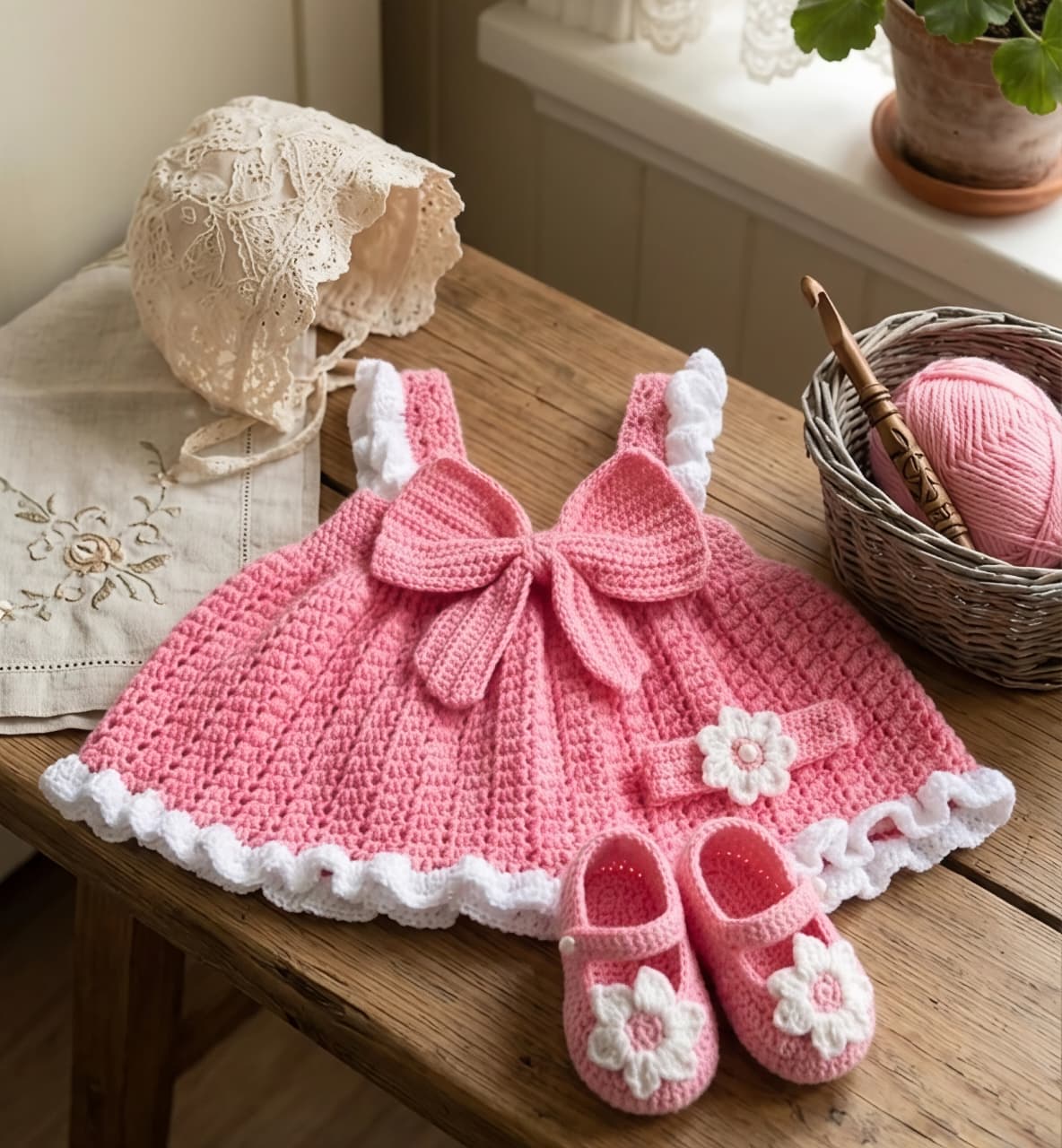 3-Piece Vintage Pink Baby Crochet Set