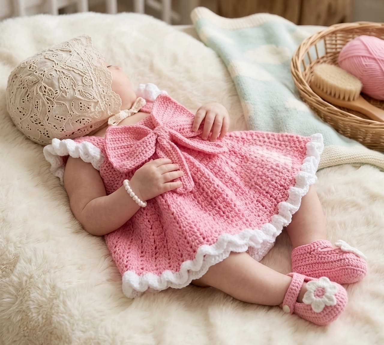 3-Piece Vintage Pink Baby Crochet Set