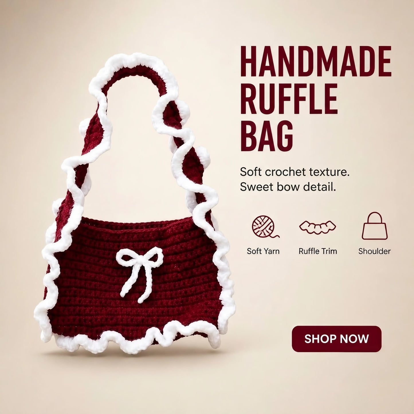 BURGUNDY FUZZY TRIM RUFFLE BAG