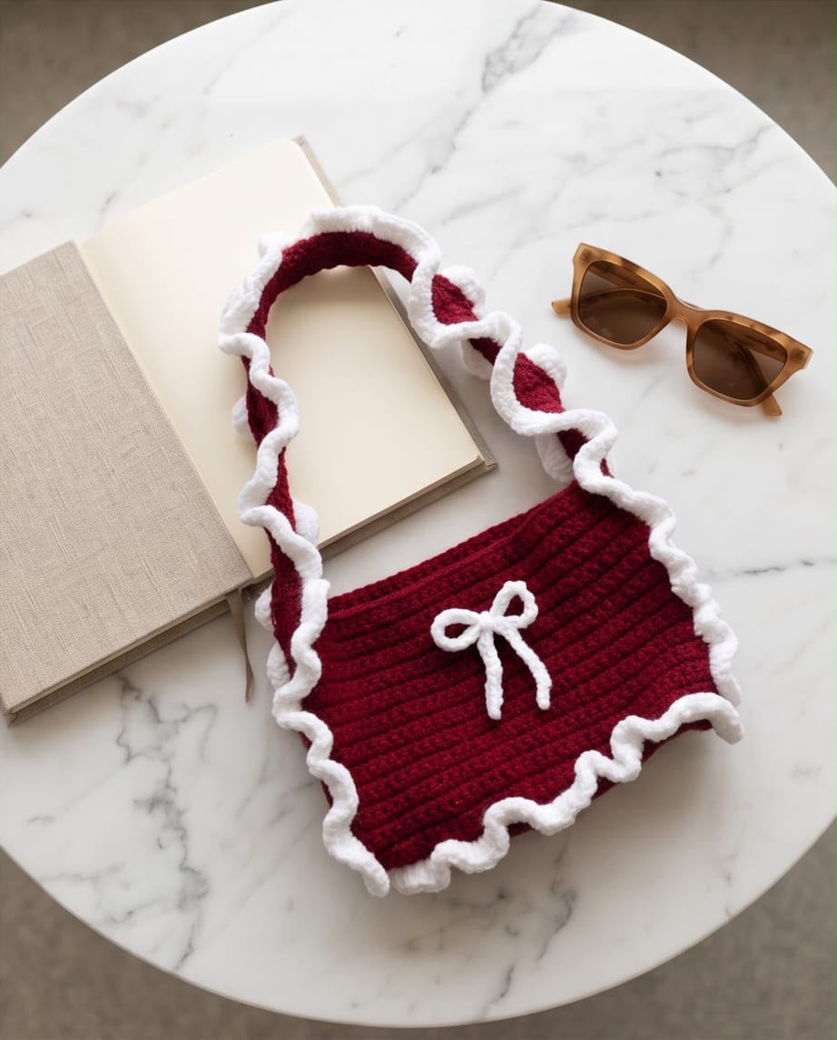 BURGUNDY FUZZY TRIM RUFFLE BAG