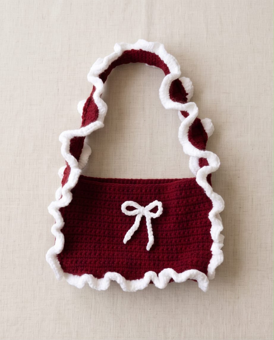 BURGUNDY FUZZY TRIM RUFFLE BAG