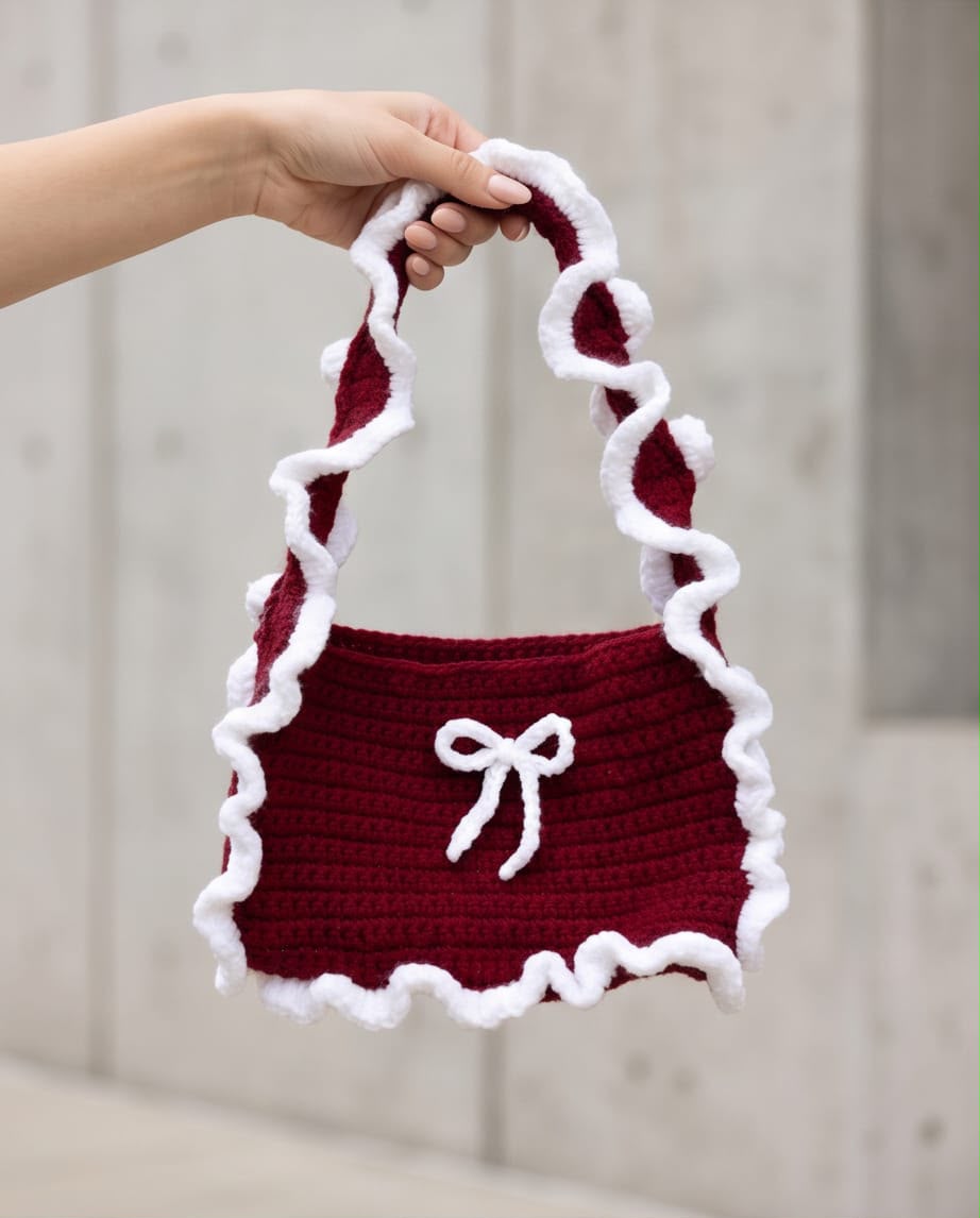 BURGUNDY FUZZY TRIM RUFFLE BAG