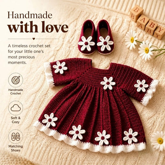 Daisy Bloom Crochet Baby Dress ( 3 Piece Set)