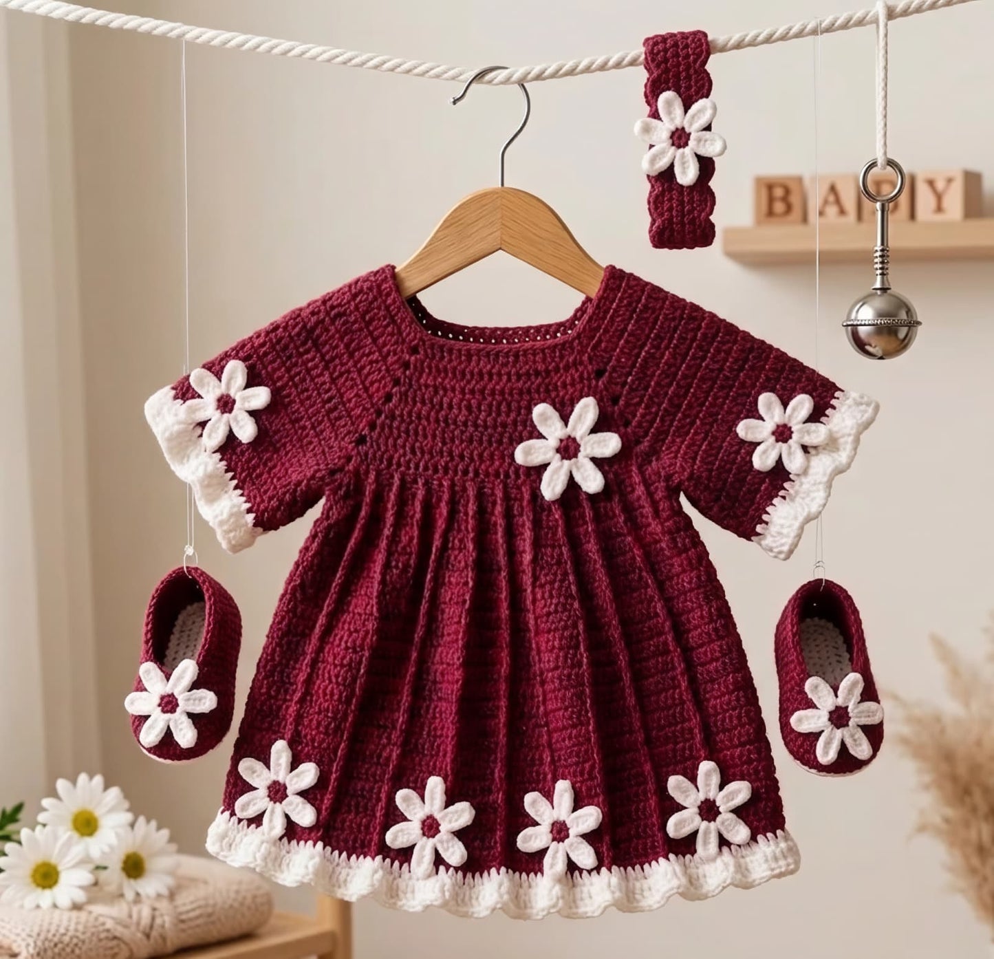 Daisy Bloom Crochet Baby Dress ( 3 Piece Set)