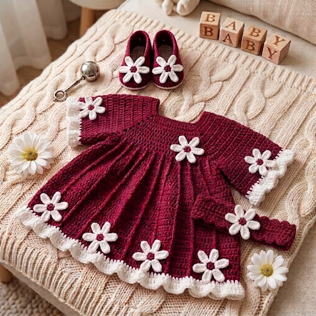 Daisy Bloom Crochet Baby Dress ( 3 Piece Set)