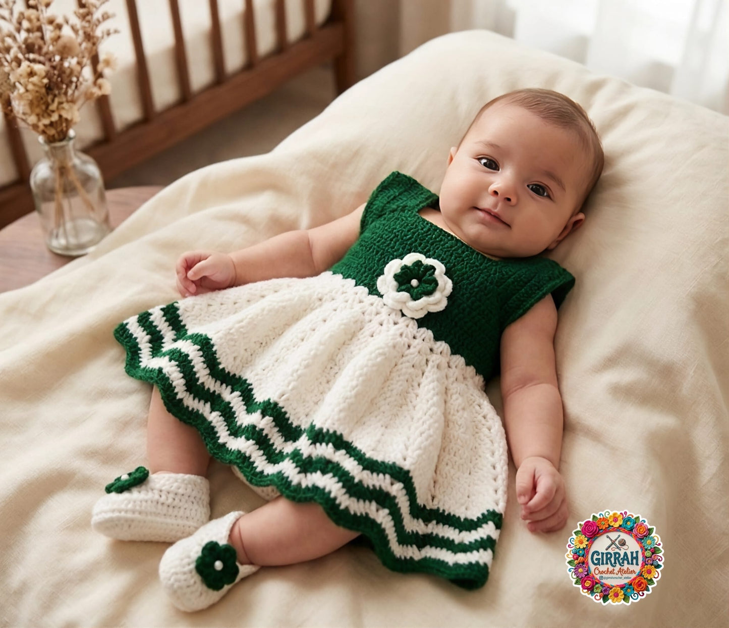 Festive Green Ivory Baby Frock & Booties Set