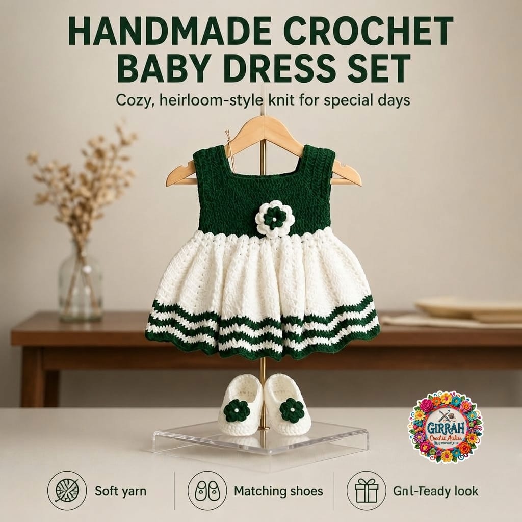 Festive Green Ivory Baby Frock & Booties Set