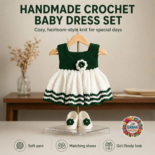 Festive Green Ivory Baby Frock & Booties Set