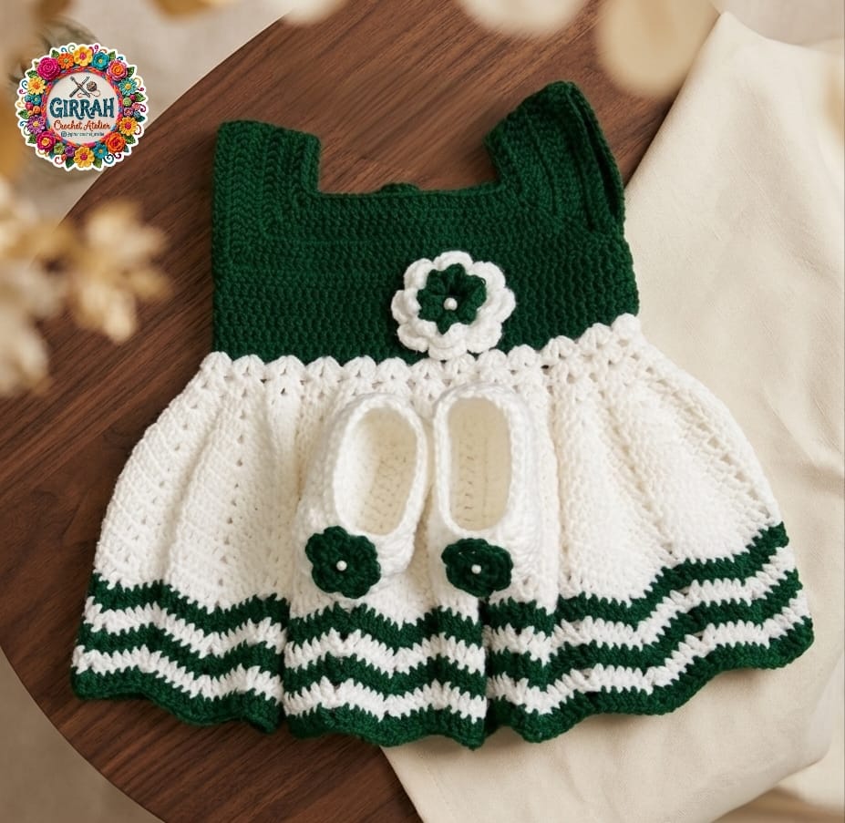 Festive Green Ivory Baby Frock & Booties Set