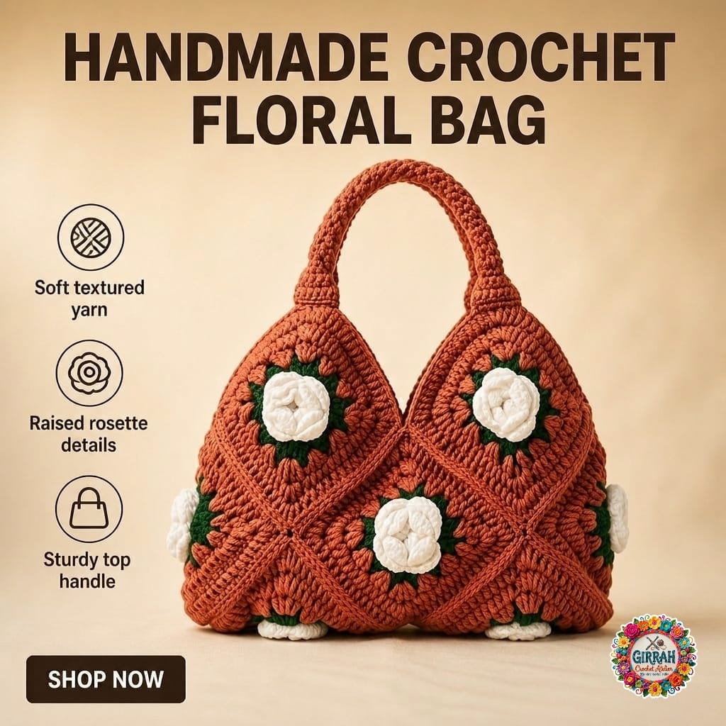 Rust Ivory Floral Crochet Bag