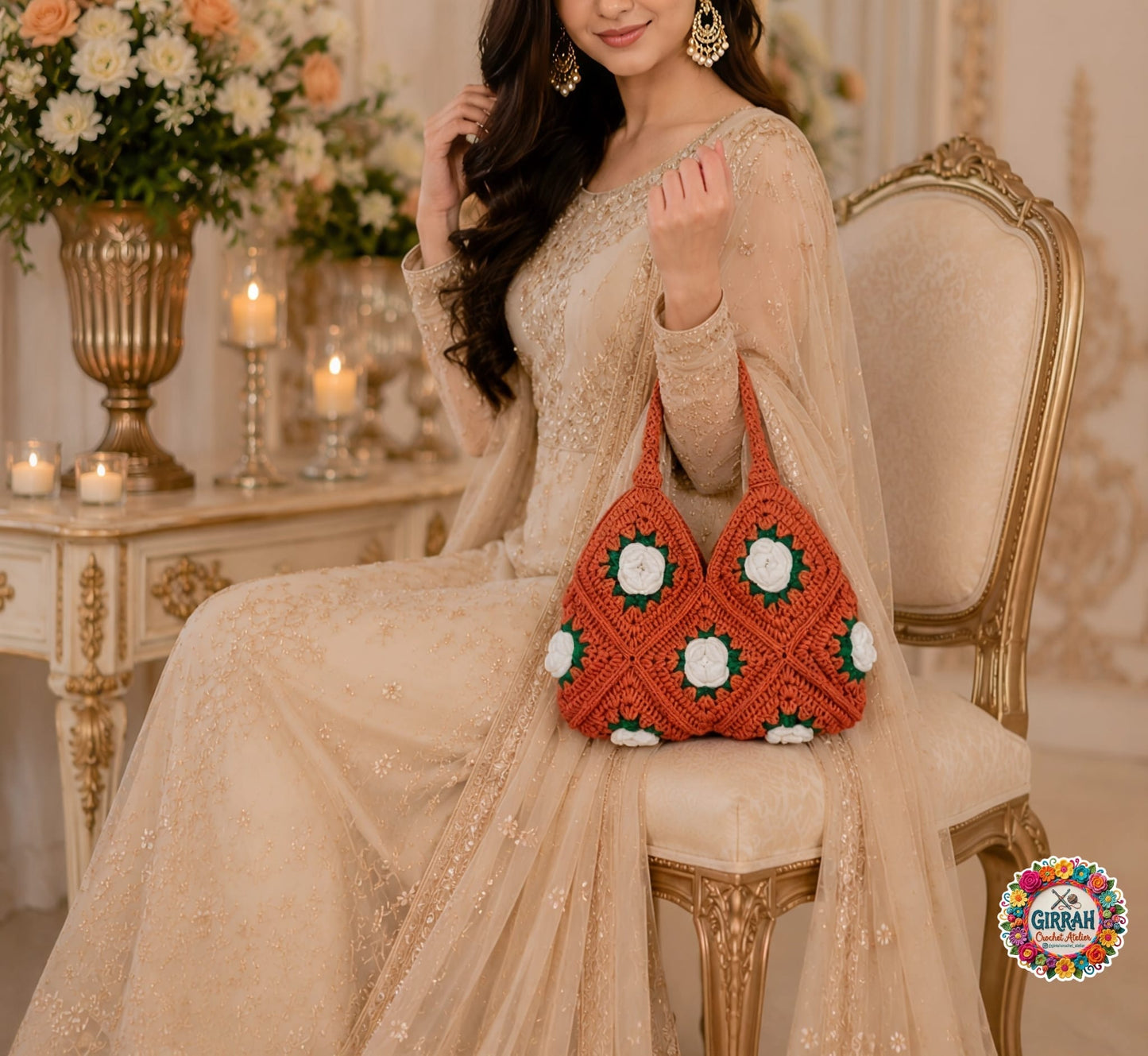 Rust Ivory Floral Crochet Bag