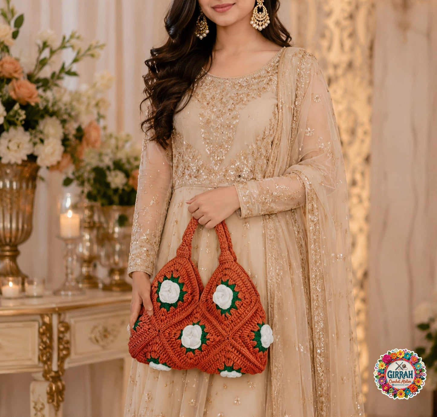 Rust Ivory Floral Crochet Bag