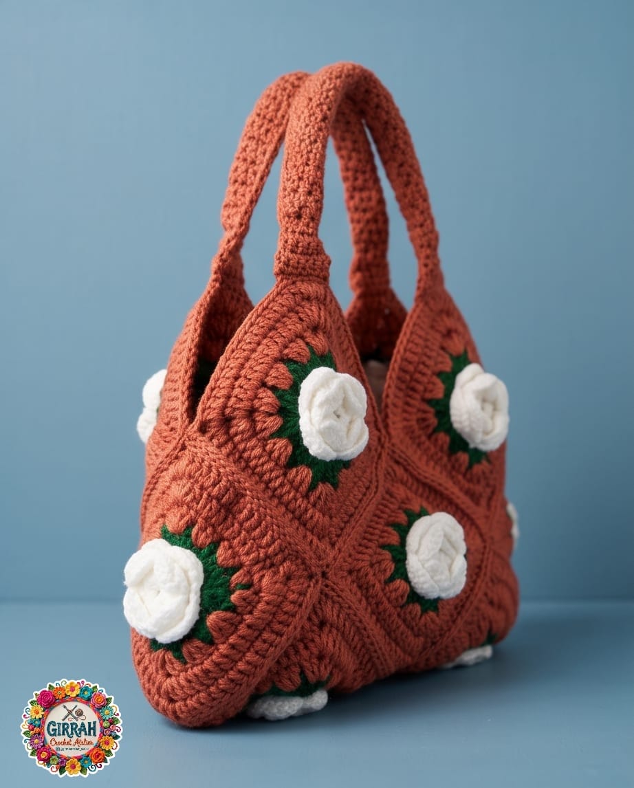 Rust Ivory Floral Crochet Bag