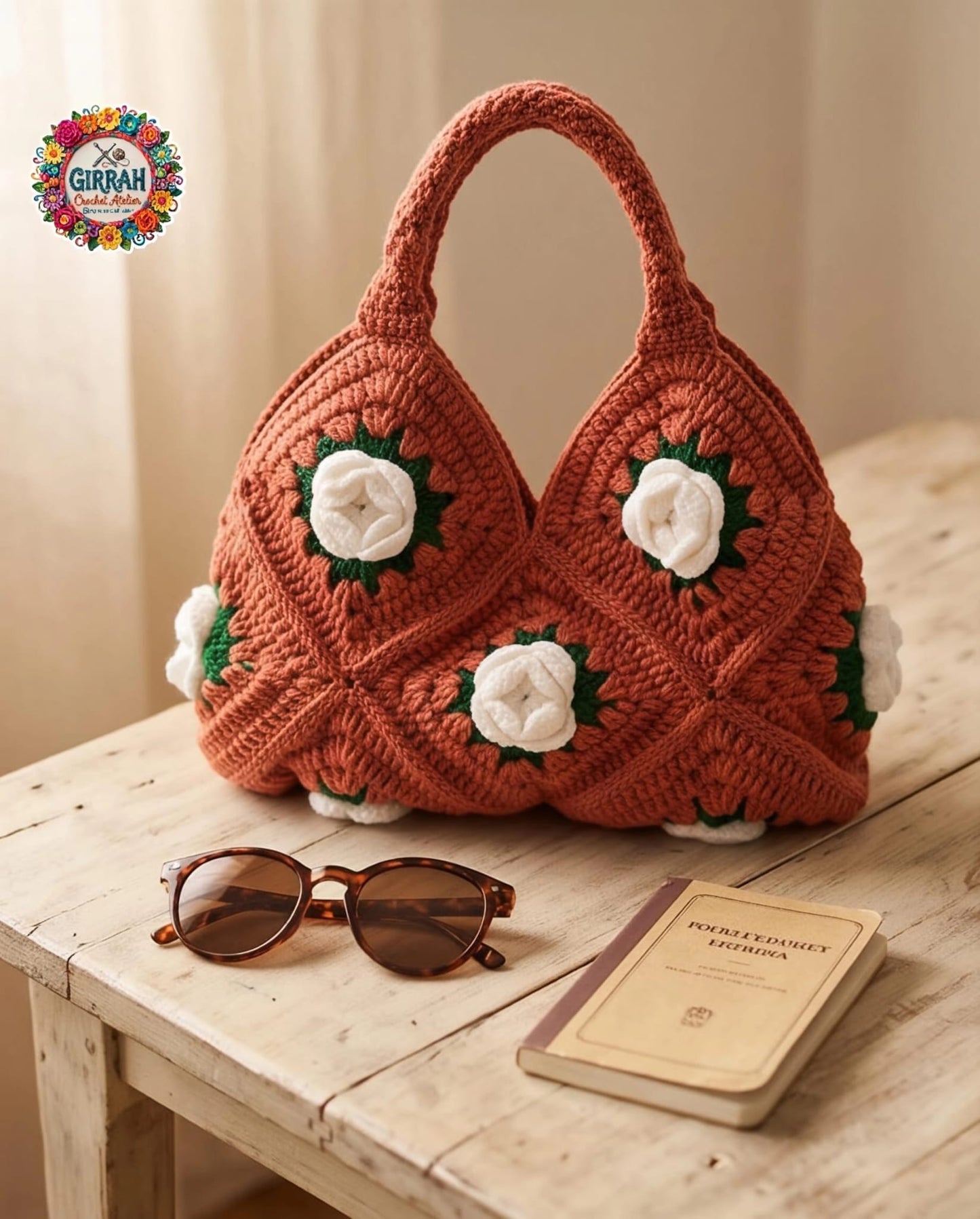 Rust Ivory Floral Crochet Bag
