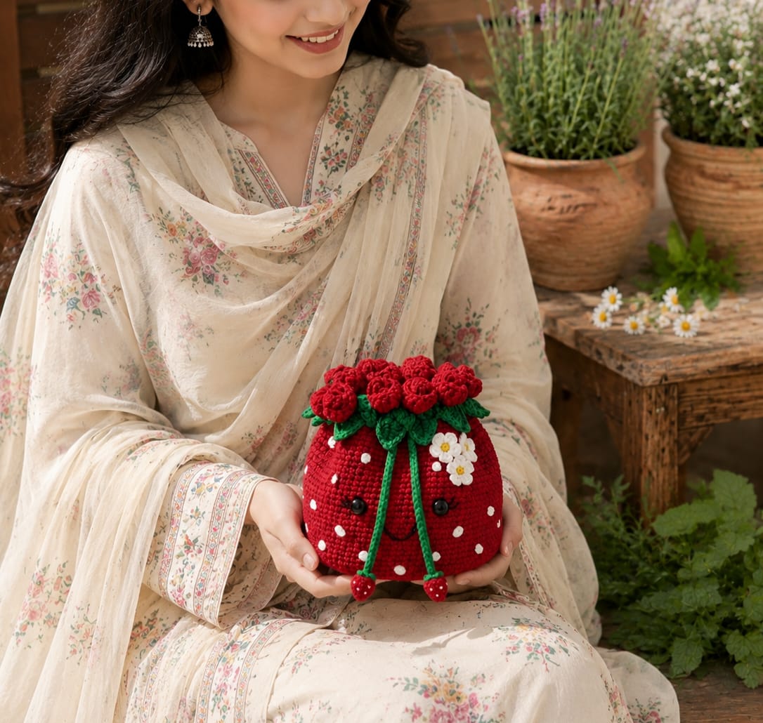 Rosette Strawberry Crochet sling Bag
