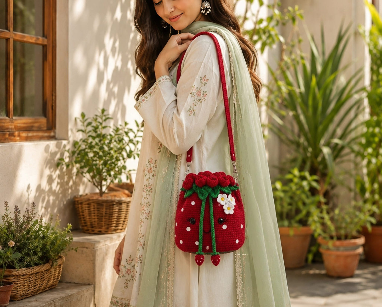 Rosette Strawberry Crochet sling Bag