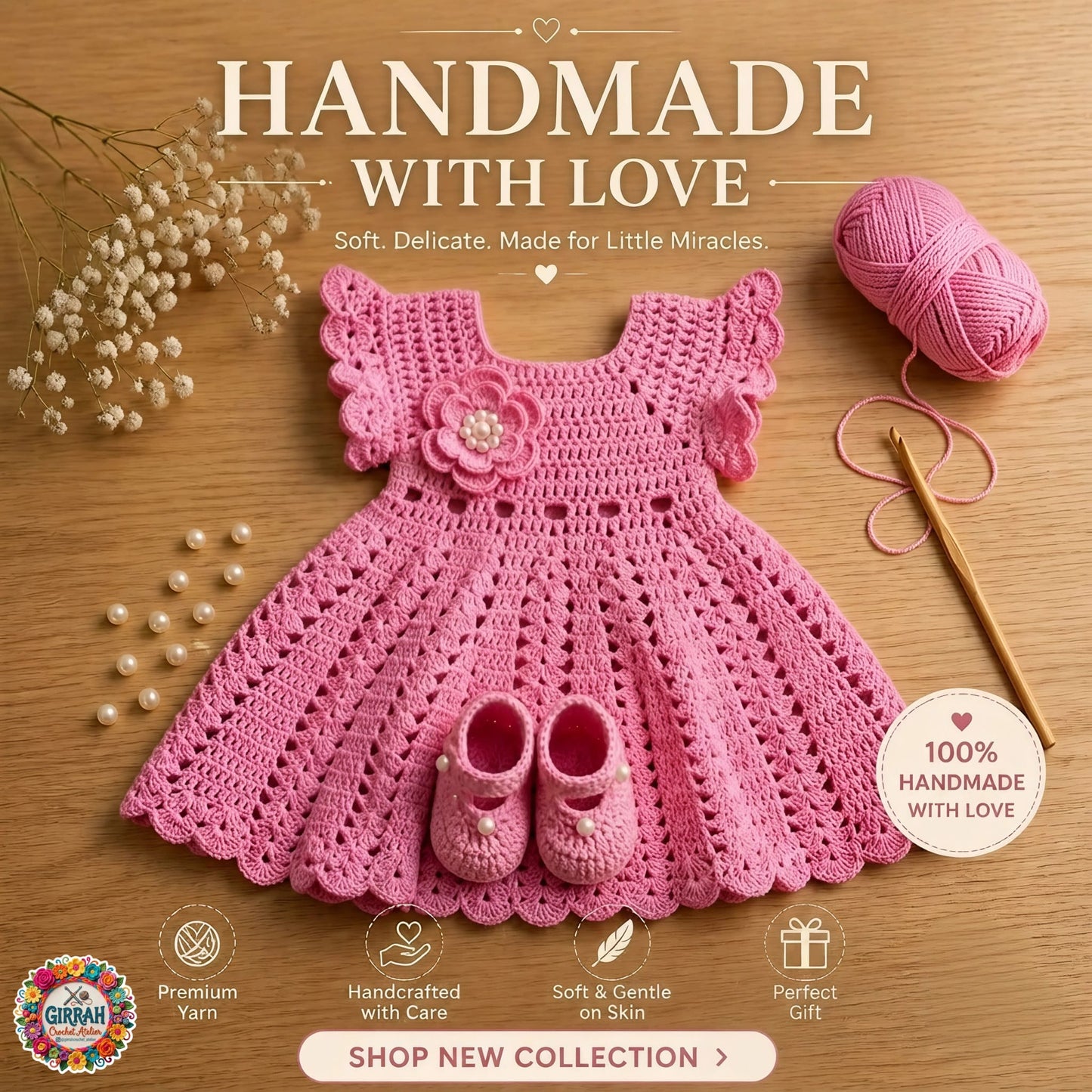 Pink Blossom Baby Crochet Frock & Booties Set