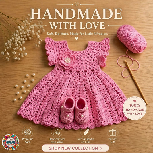 Pink Blossom Baby Crochet Frock & Booties Set