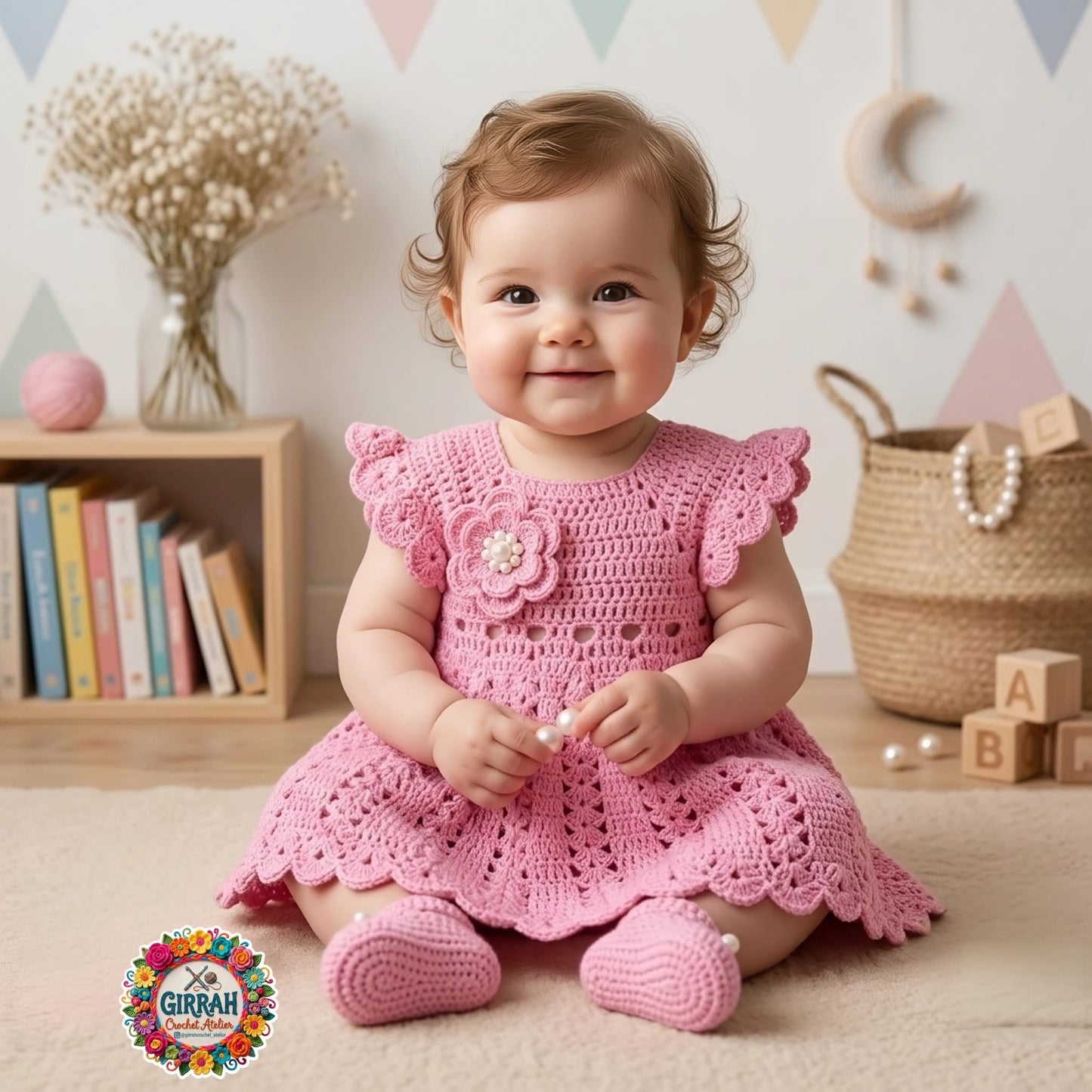 Pink Blossom Baby Crochet Frock & Booties Set
