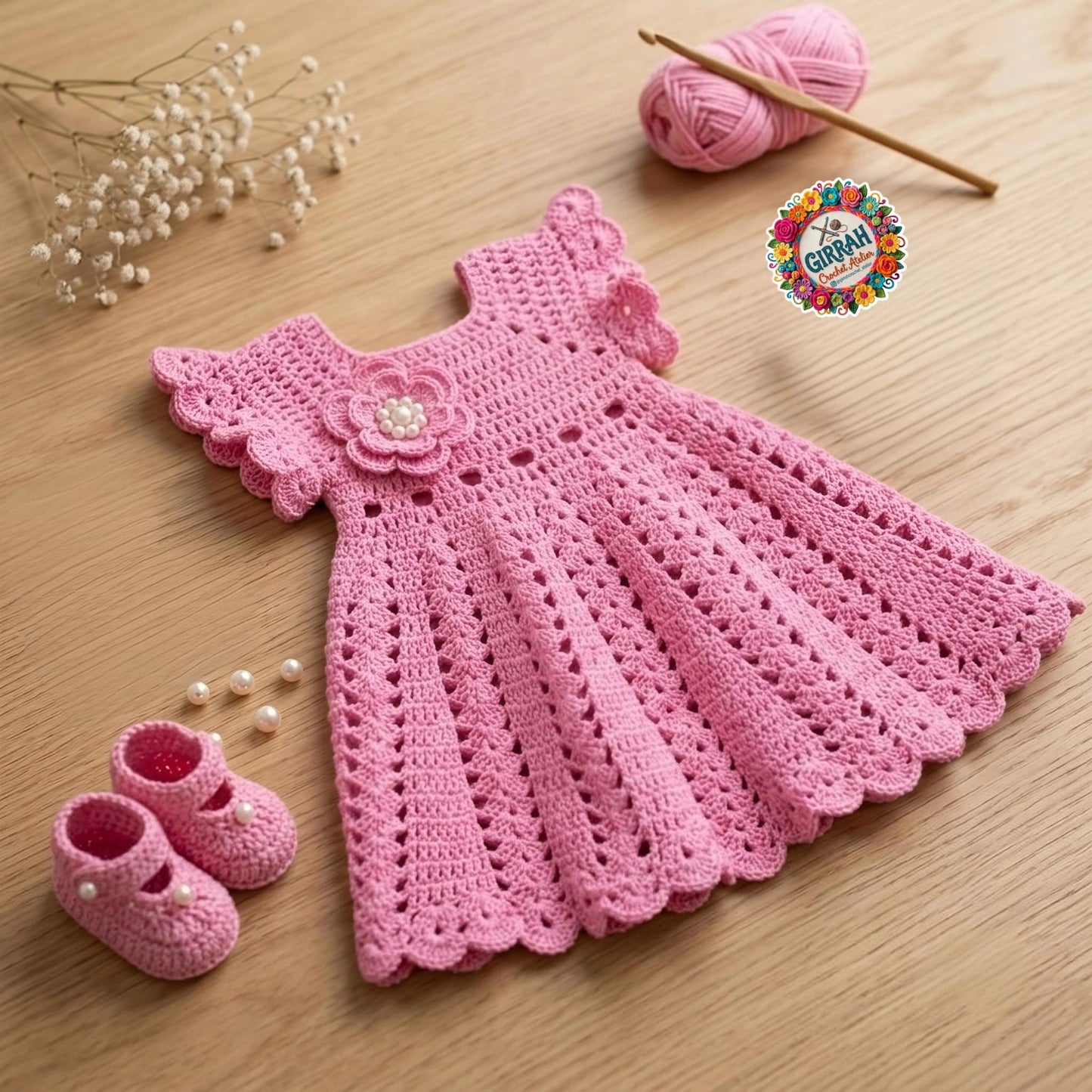 Pink Blossom Baby Crochet Frock & Booties Set