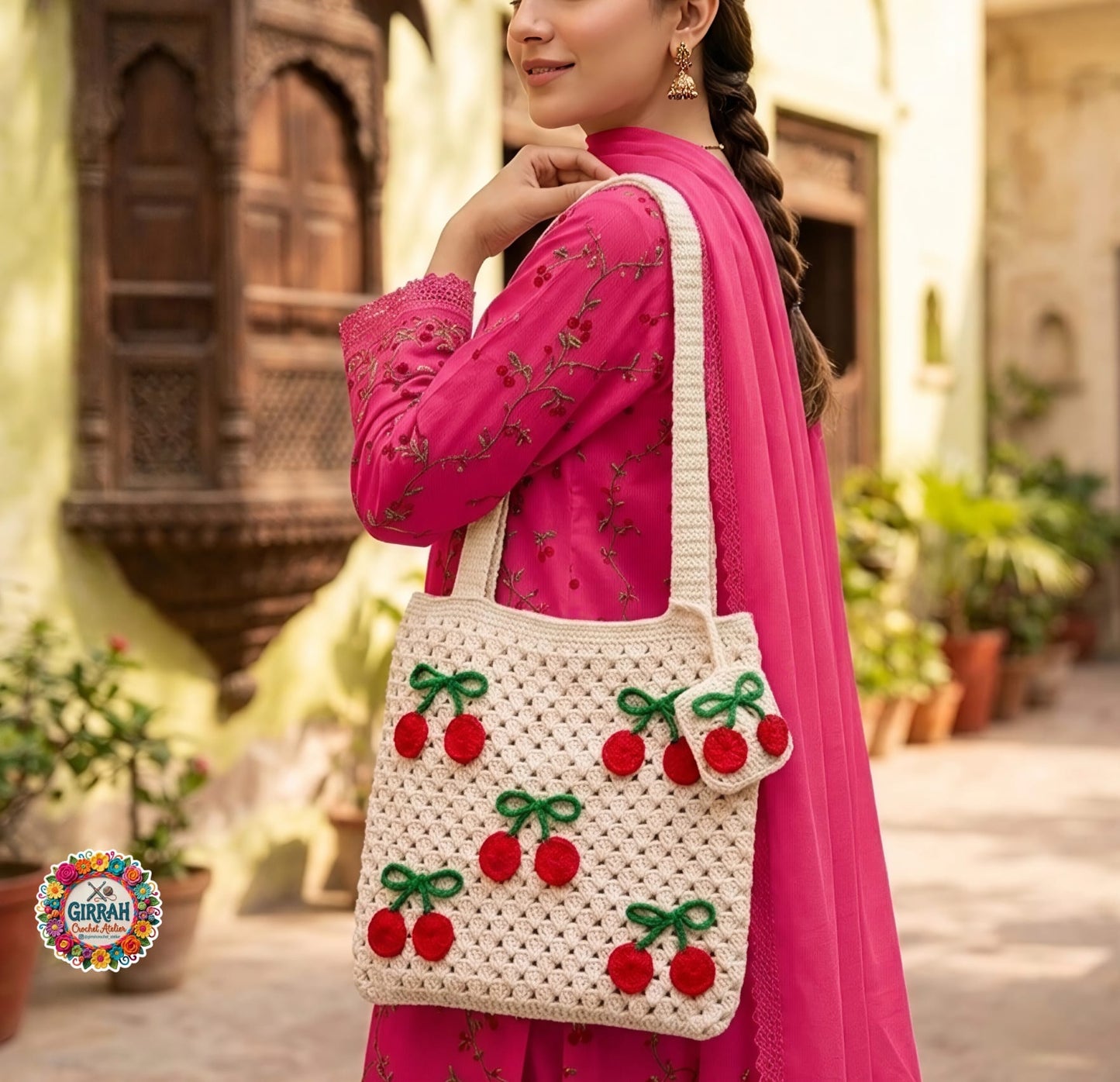 Cherry Blossom Crochet Tote Bag