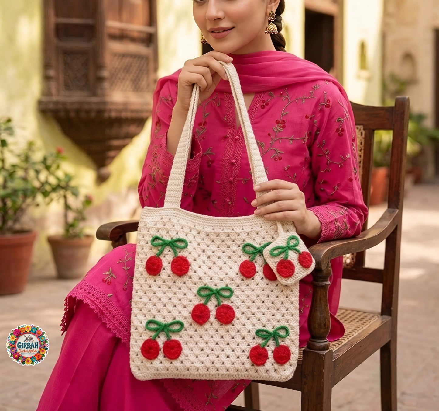Cherry Blossom Crochet Tote Bag