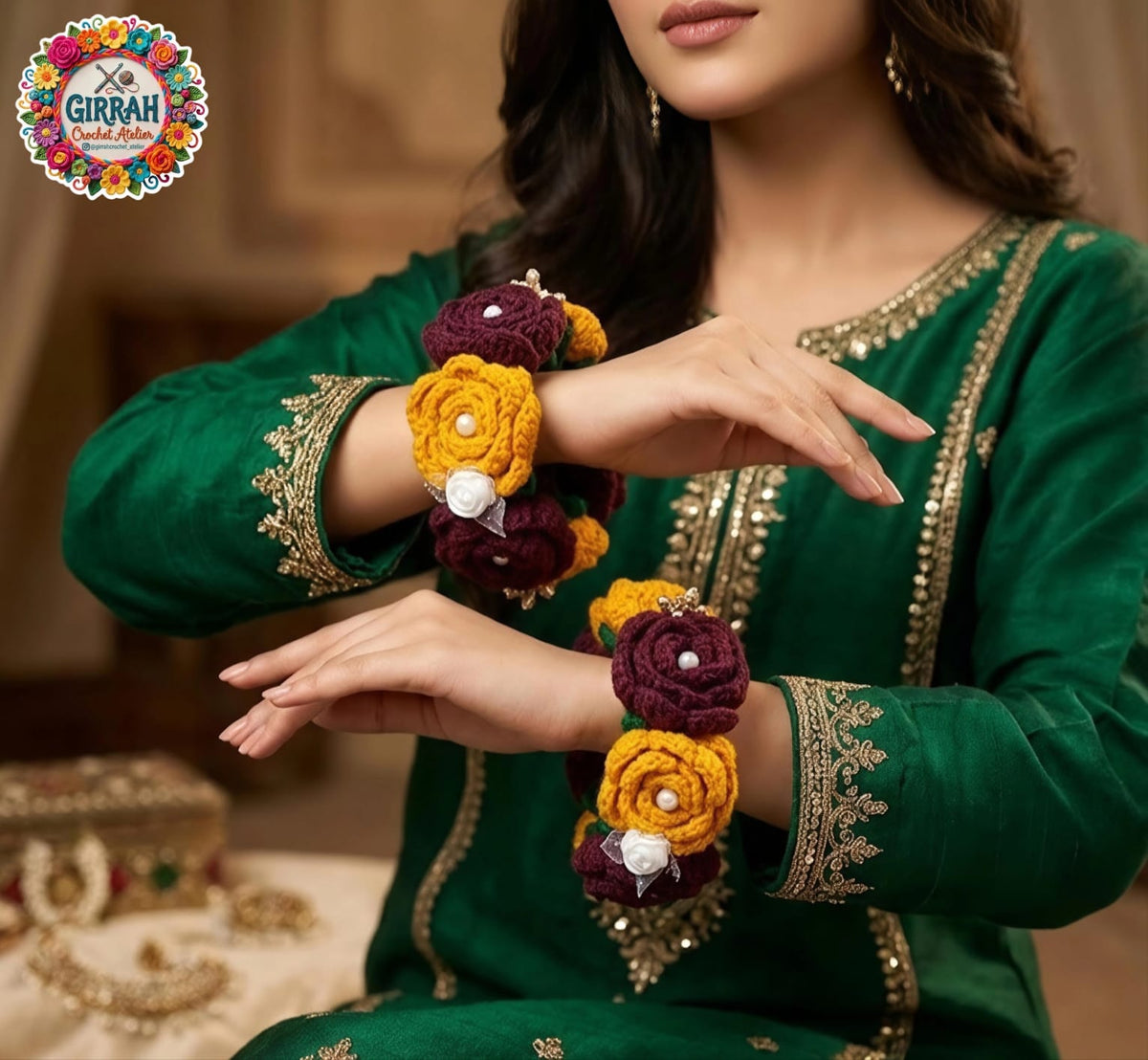 Dholak Night Royal Maroon Mustard Crochet Gajra