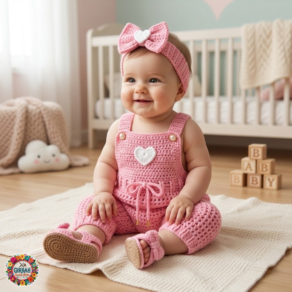 Rosy Bow Crochet Romper 3 Piece Set