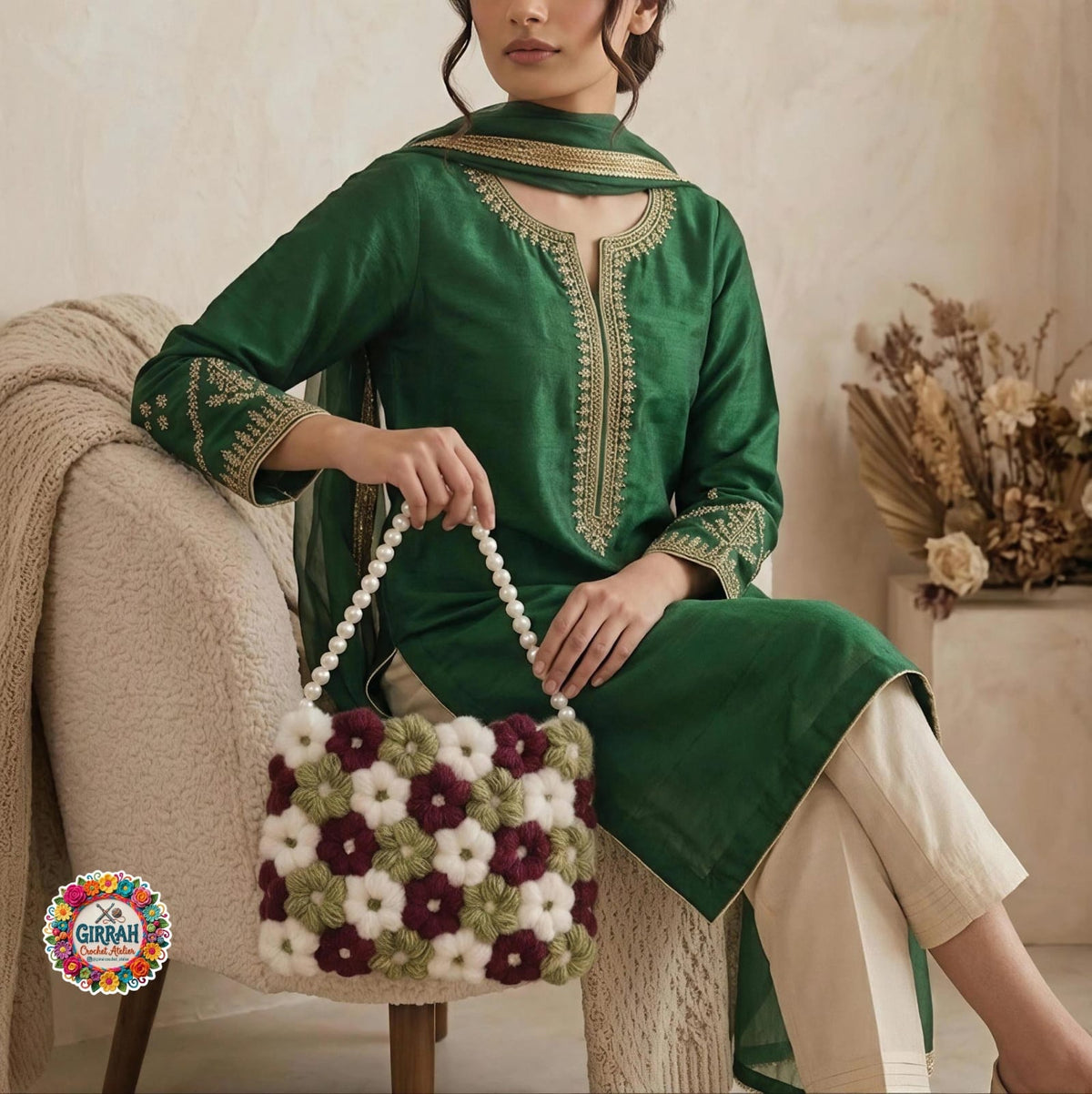 Festive Floral Pearl Crochet Bag