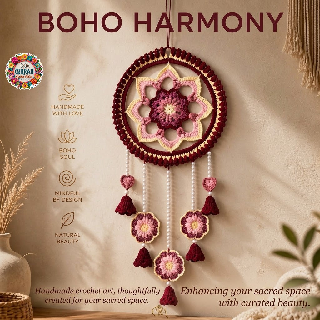 Boho Rosy Mandala Pearl Crochet Wall Hanging