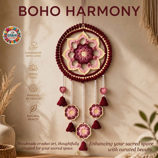 Boho Rosy Mandala Pearl Crochet Wall Hanging