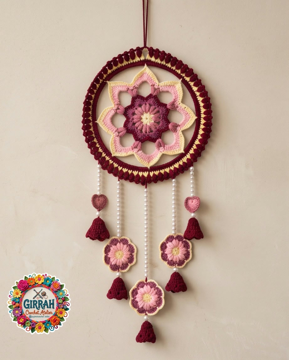 Boho Rosy Mandala Pearl Crochet Wall Hanging