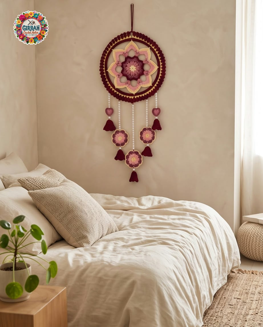 Boho Rosy Mandala Pearl Crochet Wall Hanging
