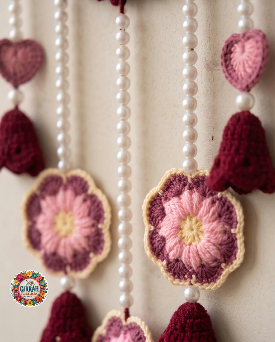 Boho Rosy Mandala Pearl Crochet Wall Hanging