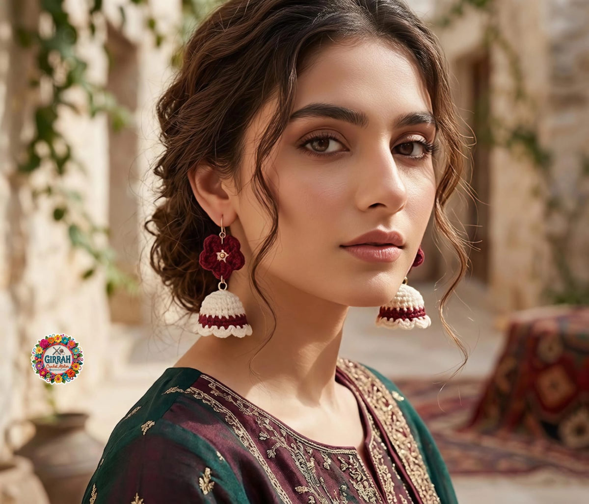 Burgundy Bloom Crochet Jhumka Earring