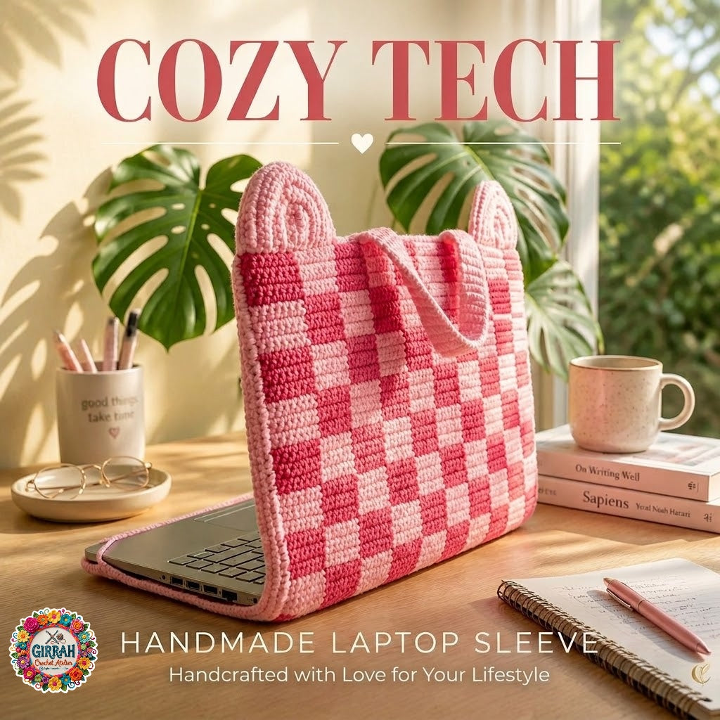 Cozy Pink Crochet Laptop Sleeve with Cat Ears