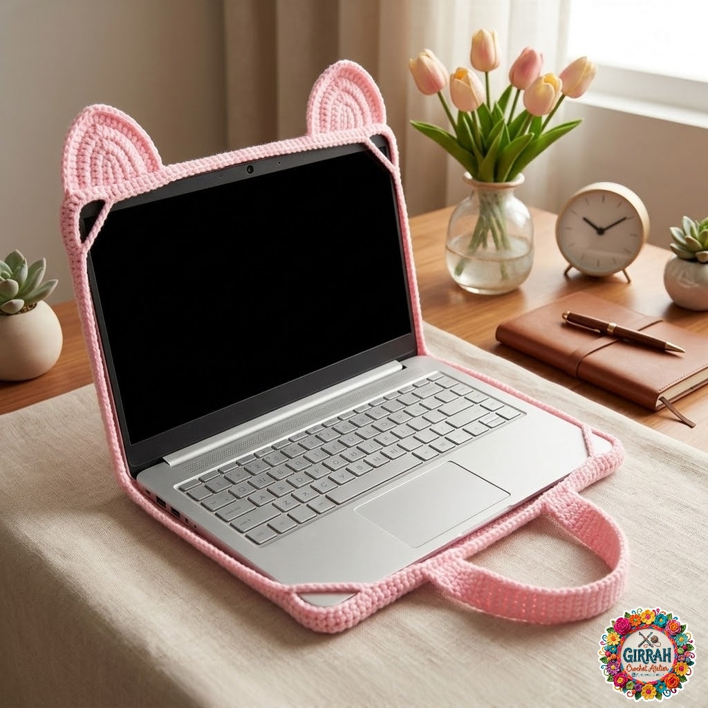 Cozy Pink Crochet Laptop Sleeve with Cat Ears