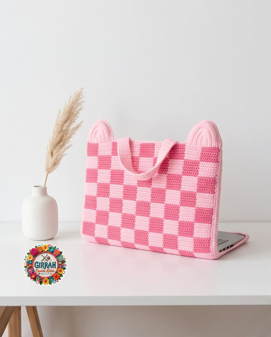 Cozy Pink Crochet Laptop Sleeve with Cat Ears